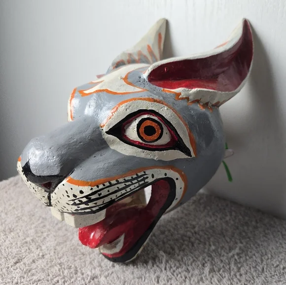 HandcraftedWood Cat Mask Wall Decor - Gray and Black